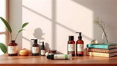 A serene virtual Ayurvedic consultation space with calming colors, herbal skincare products, aromatic oils, and Ayurvedic wellness books, creating a tranquil and holistic environment for personalized beauty consultations.