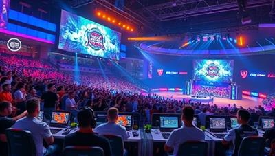 An electrifying eSports tournament setting with players competing in a visually stunning game environment, surrounded by a cheering crowd and vibrant displays of team logos and sponsors, capturing the competitive spirit of eSports.