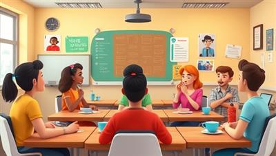A vibrant virtual classroom setting with diverse avatars engaging in animated language conversations, showcasing an interactive and dynamic learning environment.