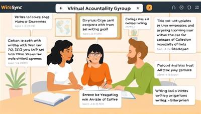An interactive visual representation of a virtual writing accountability group meeting on the WriteSync platform, with diverse writers sharing progress updates, setting writing goals, and engaging in collaborative writing sprints, creating a dynamic and supportive writing environment online.
