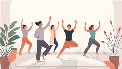An artistic illustration of individuals practicing mindful movement together in a virtual space, surrounded by calming colors, nature-inspired elements, and gentle movements, conveying a sense of peace and inner balance through movement practice.