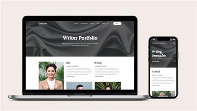 A sleek and modern digital portfolio design featuring a writer's website layout with sections for bio, writing samples, testimonials, and contact information, displayed on a laptop and a smartphone screen, showcasing a professional and engaging online presence for writers to showcase their work.