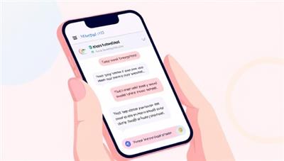 An illustration of a user interacting with the MindPal AI chatbot on a smartphone screen, sharing personal thoughts and receiving supportive responses, with calming visuals and mental health resources displayed in the chat interface, creating a safe and empathetic virtual space for emotional well-being.