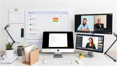 A digital workspace setup with productivity tools, goal trackers, and virtual coaching sessions in progress, illustrating a dynamic and efficient environment for entrepreneurs receiving online productivity coaching and business growth support.