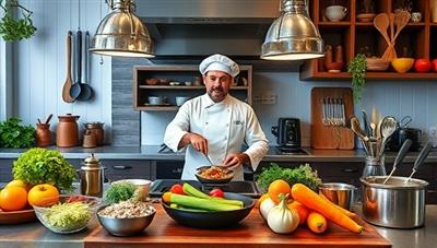 An engaging virtual cooking class scene with a chef demonstrating a cooking technique on screen, surrounded by a colorful array of fresh ingredients, utensils, and cooking tools, creating an immersive and educational kitchen atmosphere.