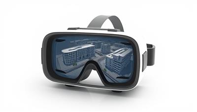 A VR headset displaying a virtual construction site with detailed building models, interactive tools for design modifications, and construction progress tracking, creating a futuristic and immersive experience for clients and stakeholders.