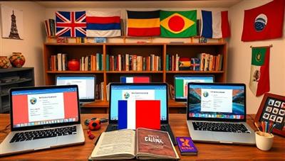 A virtual language learning club scene with laptops displaying different language lessons, flags of various countries, language textbooks, and cultural artifacts, creating a vibrant and educational language exchange environment.