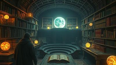 A mysterious digital library filled with ancient scrolls, glowing orbs, and eerie artifacts from different cultures, surrounded by shadowy figures hinting at the diverse legends waiting to be uncovered, evoking a sense of intrigue and exploration.