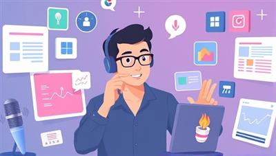 An engaging visual representation of a person speaking to a digital voice assistant, surrounded by web design elements and interactive design tools, illustrating the seamless and hands-free design experience offered by VoiceWeb Wizard.