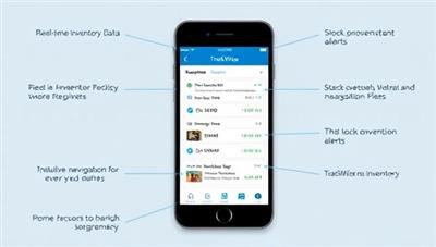 A smartphone displaying the TrackWise app interface with real-time inventory data, stock movement alerts, and intuitive navigation features, showcasing the user-friendly and practical design of the inventory tracking app.