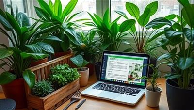 A cozy indoor plant corner with a variety of lush green plants, gardening tools, and a laptop displaying virtual plant care consultations, creating a harmonious blend of nature and technology in the GreenThumb Guide's plant care consultancy service.