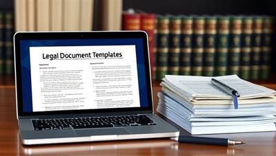 An image of a virtual workspace with a laptop displaying legal document templates, a stack of papers, a pen, and legal books in the background, representing efficiency and professionalism in legal document preparation.