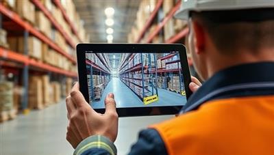 An inspector conducting a virtual warehouse inspection through a tablet, showing detailed views of storage racks, inventory organization, and safety compliance, creating a seamless remote inspection experience.
