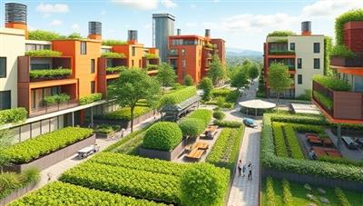 An artistic rendering of a vibrant urban community with modern co-living spaces integrated with lush greenery, hydroponic farms, and communal outdoor spaces, illustrating the harmonious blend of urban living and sustainable agriculture.