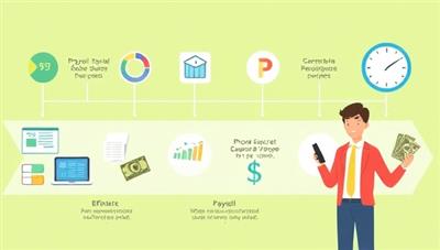 A visually appealing representation of a streamlined payroll process, with digital payroll tools, efficiency indicators, and happy employees receiving accurate pay on time, conveying the benefits of optimized payroll management through PayrollOptimize services.