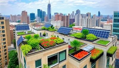 An urban skyline featuring buildings with lush rooftop gardens filled with colorful vegetables, herbs, and flowers, surrounded by solar panels and rainwater collection systems, illustrating the sustainable and green essence of SkyHarvest Gardens' rooftop farming installations in the heart of the city.