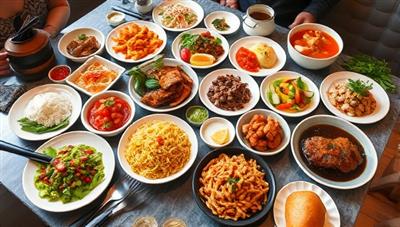 An array of colorful and delectable dishes from around the world displayed on a virtual tasting experience table, accompanied by cultural symbols and culinary tools, creating an enticing and immersive ambiance for TasteVentures Tours' virtual culinary adventures.