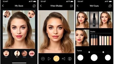 An interactive and engaging app interface showcasing a user trying on various virtual makeup looks, with options to adjust shades, styles, and products, creating a fun and immersive beauty experience.
