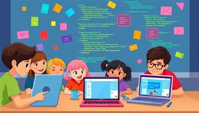 An imaginative visual of a group of diverse children engaged in a virtual coding class, with colorful code blocks floating around them, interactive programming interfaces on their screens, and digital avatars representing their coding projects, highlighting the dynamic and creative learning environment within the CodeCamp Jr. platform.