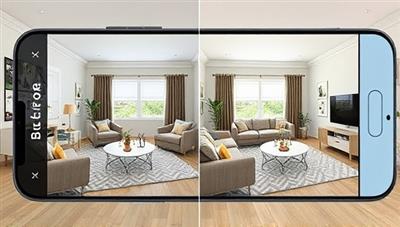 An engaging AR visualization of a living room transformation, showing a before-and-after comparison with seamlessly integrated virtual furniture and decor elements, demonstrating the app's design capabilities.