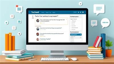 An interactive digital platform design with users posting tax questions and receiving real-time responses from a diverse group of tax experts, displayed on a computer screen surrounded by tax law books, calculator icons, and community feedback bubbles, illustrating collaborative tax knowledge-sharing on TaxCrowd Queries.