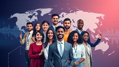 An artistic representation of a diverse group of professionals from different cultures and backgrounds coming together virtually on a digital platform, symbolizing the agency's commitment to global talent diversity and inclusivity.