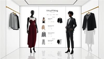 An elegant virtual fitting room interface displaying a user's customized fashion recommendations, along with a digital stylist avatar providing fashion tips and outfit suggestions, creating a seamless and personalized shopping experience.