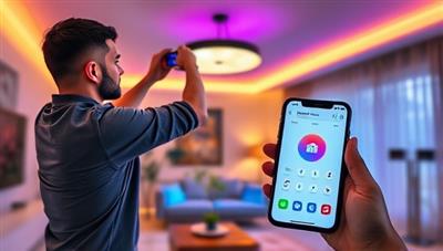 A professional installing a sleek smart lighting system in a modern living room, with colorful lights illuminating the space and a smartphone displaying a smart home control app, showcasing convenience and modernity.