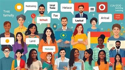 An artistic collage featuring diverse individuals engaged in virtual language exchange sessions, with speech bubbles in different languages, cultural symbols, and interactive learning tools, illustrating a vibrant and inclusive language learning community.
