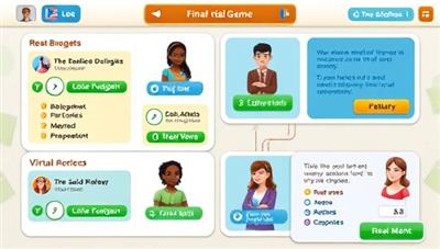 An interactive financial game interface with diverse avatars navigating through financial scenarios, making budgeting decisions, investing in virtual assets, and receiving real-time feedback on their financial choices, demonstrating the educational and engaging nature of MoneyWise Quest.