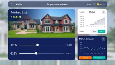 An engaging digital interface displaying a property image with overlaid valuation data, interactive sliders for adjusting property features, and a comparison tool showing market trends, conveying accuracy and efficiency in property valuation.