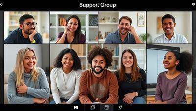 A virtual support group session with diverse participants sharing experiences and connecting in a safe and supportive online environment, guided by a professional counselor, conveying empathy, solidarity, and a sense of community in mental health advocacy.