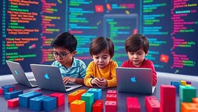 An imaginative digital scene featuring a group of kids engaged in coding activities on laptops, surrounded by colorful code snippets and playful coding block puzzles, fostering a creative and educational environment that inspires young learners in the world of technology at CodeGeniusJuniors.