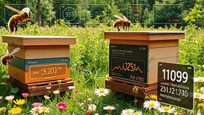 An idyllic apiary scene with tech-integrated beekeeping hives surrounded by buzzing bees and lush flowers, with digital data displays showing hive metrics and bee activity, highlighting the harmonious blend of technology and nature in modern beekeeping practices.