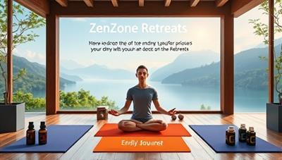 A tranquil digital oasis with serene nature views, yoga mats, calming essential oils, and a figure meditating in a peaceful Zen posture, surrounded by symbols of relaxation and wellness, inviting participants to embark on a transformative journey through ZenZone Retreats.