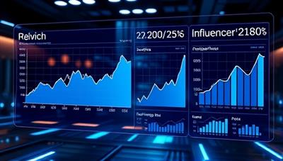 A futuristic digital interface displaying real-time analytics of influencer reach, engagement rates, and campaign performance metrics, symbolizing data-driven influencer marketing strategies.