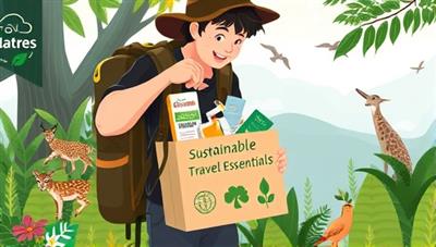 An artistic digital illustration of a traveler packing a sustainable travel essentials box into a backpack, surrounded by lush greenery and wildlife, symbolizing eco-friendly travel practices and nature conservation.