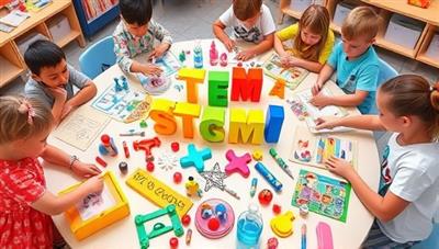 A colorful and interactive STEM play table filled with various educational toys, gadgets, and experiments, surrounded by children exploring and learning through hands-on activities, sparking curiosity and excitement in the world of science and innovation.