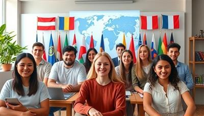 A diverse group of individuals engaged in virtual language exchange sessions, each represented by a unique avatar, interacting in a virtual classroom environment with world flags in the background, symbolizing global connectivity through language learning.