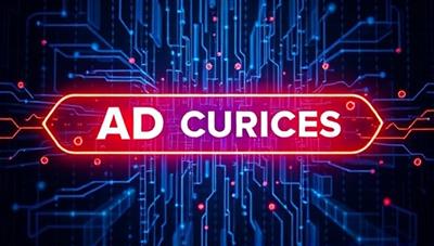An encrypted blockchain network with digital ad banners flowing securely through blockchain nodes, symbolizing the platform's secure and transparent ad verification process for businesses.