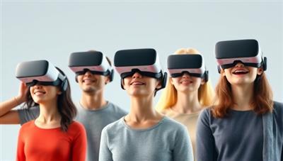 A diverse group of individuals wearing VR headsets and engaging in virtual language lessons with animated avatars representing different languages and cultures, creating a futuristic and immersive learning environment.