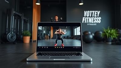 A sleek virtual fitness studio setup with a laptop displaying a live workout session, fitness equipment in the background, and a motivational quote on the wall, creating an immersive and engaging fitness environment.