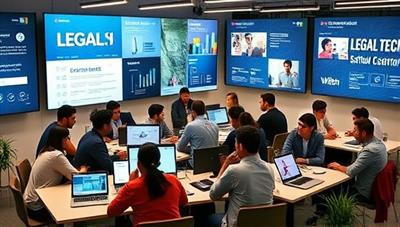 A vibrant co-working space with diverse teams of legal tech entrepreneurs collaborating on innovative projects, surrounded by digital screens displaying legal tech concepts and design mockups, creating a dynamic and creative startup incubator environment.