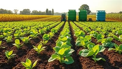 An impactful image of a field being fertilized with nutrient-rich compost from EcoCycle Agri, showing vibrant crops flourishing in the enriched soil, with composting bins and agricultural waste materials being recycled in the background, highlighting the cycle of sustainability and resource utilization in agriculture.