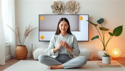A serene virtual coaching environment with a wellness coach guiding a client through mindfulness exercises on a video call, surrounded by calming decor and nature elements, promoting a sense of tranquility and balance.