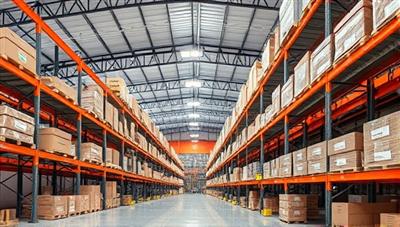 An image of a warehouse space transformed by Smart Storage Solutions, showcasing neatly organized shelves with smart sensors and labels, maximizing every inch of available space with a modern and sleek design.