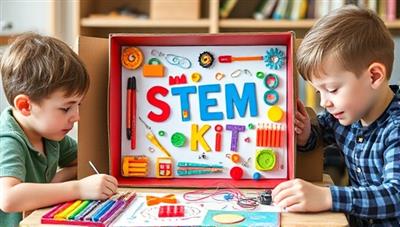 A colorful and fun STEM kit box filled with gears, wires, and educational materials, surrounded by children excitedly working on a STEM project, highlighting hands-on learning and creativity.