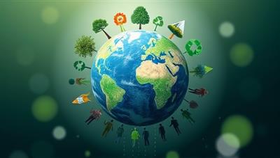 An impactful visual of a globe surrounded by sustainability icons like trees, recycling symbols, and people holding hands, symbolizing environmental and social responsibility, and echoing the mission of EcoBalance Reports in promoting sustainability through transparent reporting.