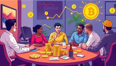 An engaging illustration of a vibrant crypto investment club community, with members discussing and analyzing cryptocurrency trends and projects in a dynamic and collaborative setting.