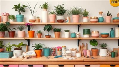 A vibrant studio setting with shelves displaying beautifully upcycled beauty containers transformed into plant pots, organizers, and decorative items, accompanied by crafting tools and materials, illustrating a creative and sustainable beauty upcycling workshop.